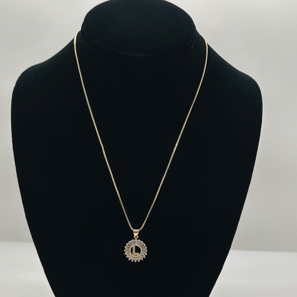 Gold tone Initial L Necklace Women OS Baguette Crystal Halo Pendant w/ 18" chai